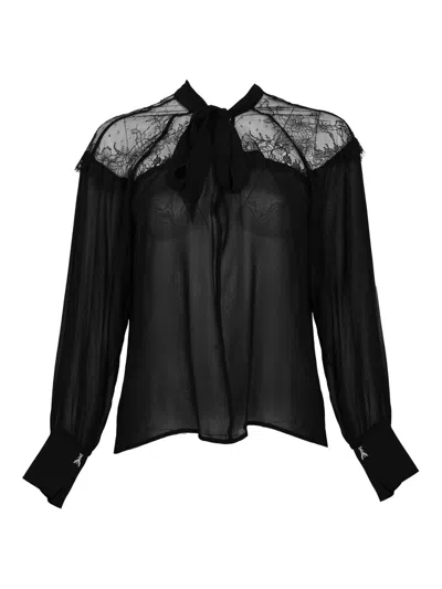 Patrizia Pepe Fluid Blouse In Georgette And Lace With Bow In Black