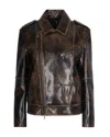 Patrizia Pepe Brown Oversized Coated Fabric Biker Jacket In Black