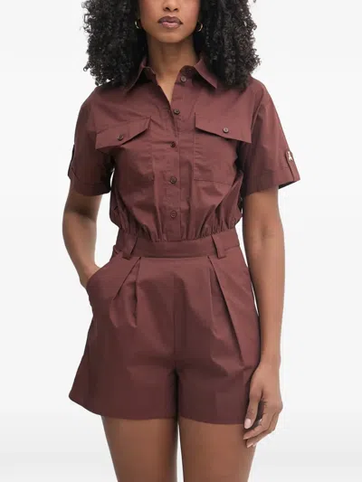 Patrizia Pepe Button-up Short-sleeve Playsuit In Burgundy