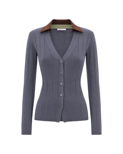 Patrizia Pepe Fitted Ribbed Knit Cardigan With Faux Leather Collar In Blue