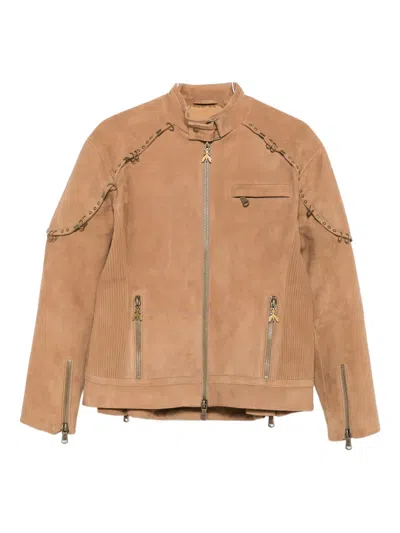 Patrizia Pepe Chain-embellished Zip-front Jacket In Brown