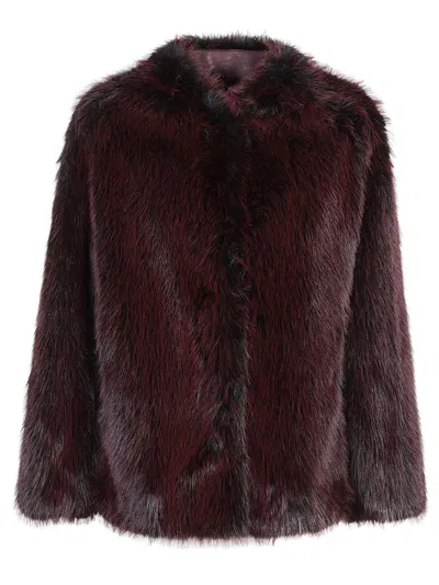 Patrizia Pepe Faux Fur Coat In Burgundy