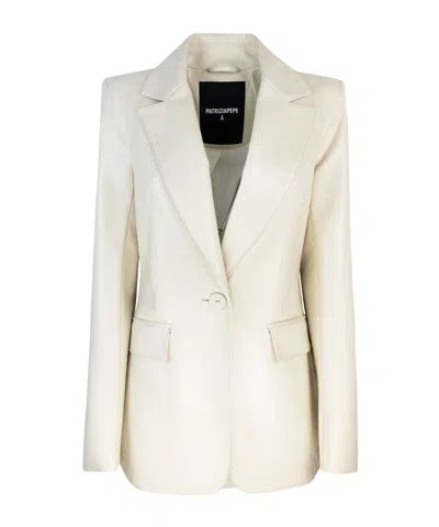 Patrizia Pepe Collarless Long-sleeve Leather Jacket In White