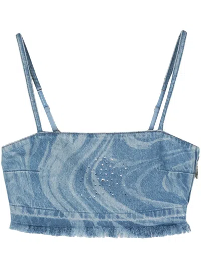 Patrizia Pepe Crystal-embellished Denim Crop Top In Blue