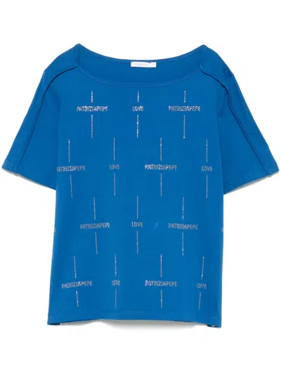 Patrizia Pepe Crystal-embellished Logo T-shirt In Blue