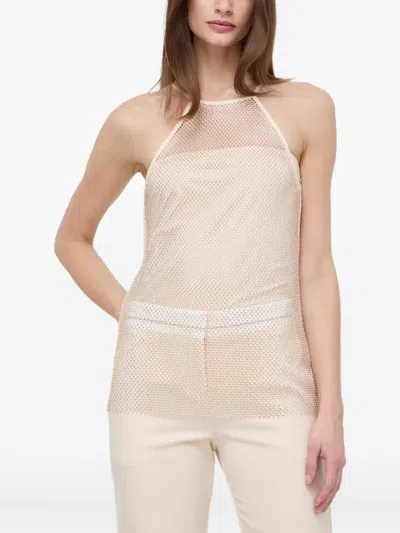 Patrizia Pepe Crystal-embellished Mesh Top In Neutral