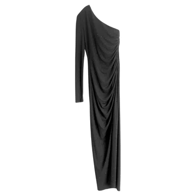 Pre-owned Patrizia Pepe Crystal Embellished One Sleeve Long Dress Gown In Black