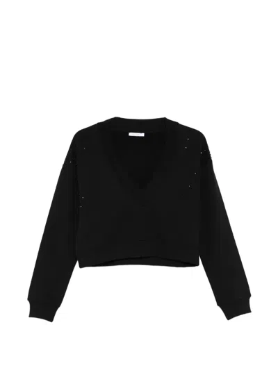 Patrizia Pepe Deep V-neck Rhinestone Sweatshirt In Black