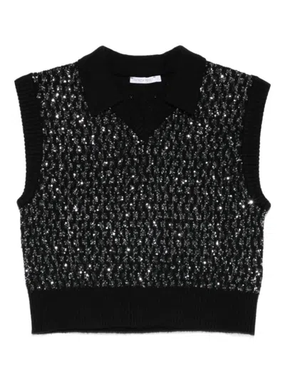 PATRIZIA PEPE DEEP V-NECK SEQUINED VEST WITH RIBBED DETAILING
