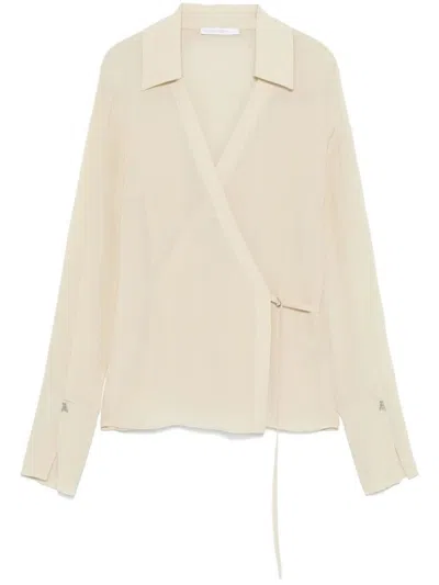 Patrizia Pepe Deep V-neck Silk Shirt In Neutral