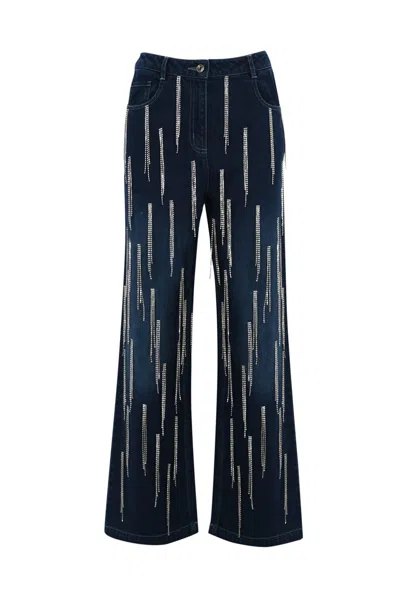 Patrizia Pepe Denim Trousers With Hanging Rhinestones In Blue