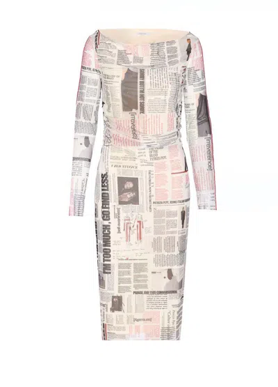 Patrizia Pepe Fitted Midi Dress With Newspaper Print In White