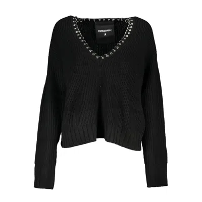 Patrizia Pepe Elegant Long Sleeved V-neck Jumper With Chic Details In Black