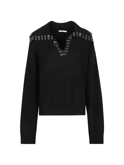 Patrizia Pepe Eyelet-embellished V-neck Sweater In Black