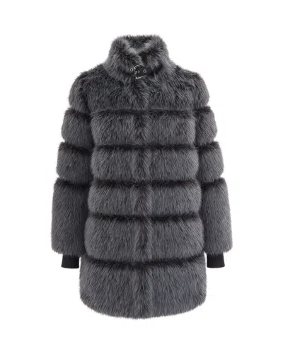 Patrizia Pepe Faux Fur Buckle-detail Coat In Gray