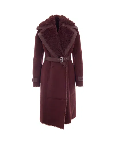 Patrizia Pepe Faux Suede With Fluffy Collar Coat In Burgundy