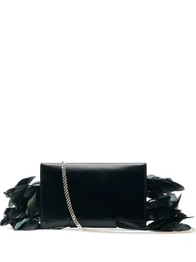 Patrizia Pepe Feather-trim Fly-detail Clutch Bag In Black