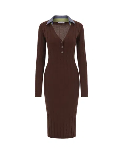 Patrizia Pepe Fitted Midi Dress With Contrasting Ribbed Collar In Brown