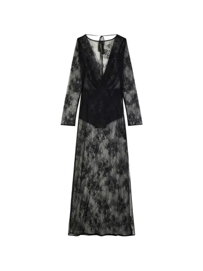 Patrizia Pepe Floral-lace Long-sleeve Maxi Dress In Black