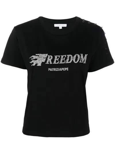 Patrizia Pepe Freedom Glitter-embellished T-shirt In Schwarz
