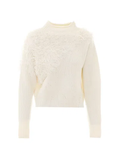 Patrizia Pepe Fringed Ribbed-knit Sweater In Neutral