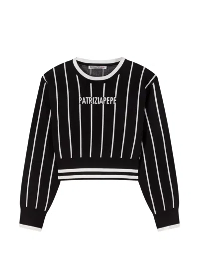 Patrizia Pepe Girl Kids' Striped Long-sleeve Sweatshirt In Black