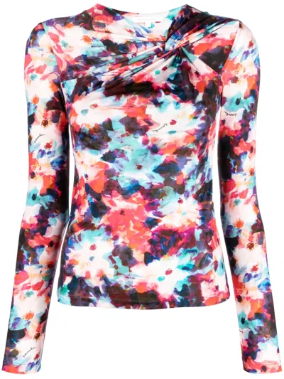Patrizia Pepe Hybrid Flower-print Knot-detail Jersey Top In Blue