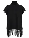 Patrizia Pepe Turtleneck Fringe Poncho In Black