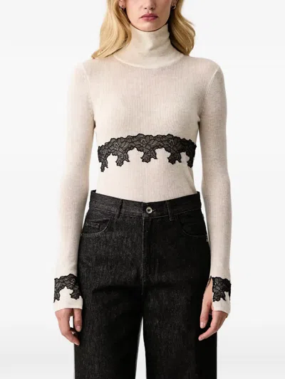 Patrizia Pepe Lace-trim Ribbed Turtleneck Sweater In Neutral