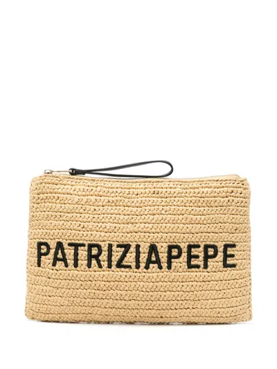 Patrizia Pepe Logo-embroidered Clutch Bag In Neutrals