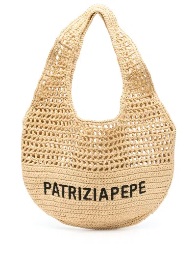 Patrizia Pepe Logo-embroidered Woven Shoulder Bag In Neutrals