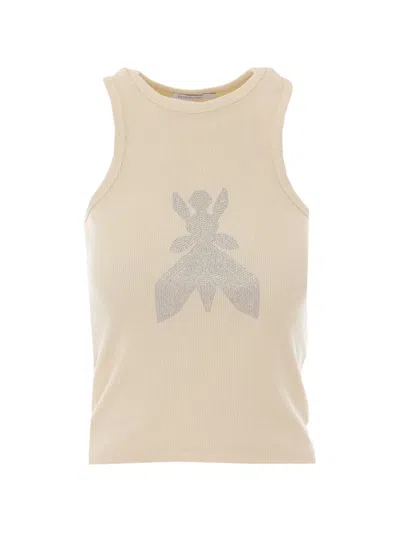 Patrizia Pepe Rhinestone Logo Knitted Tank Top In Neutral