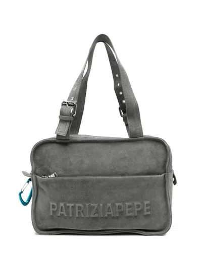 Patrizia Pepe Logo-embossed Suede Shoulder Bag In Grey