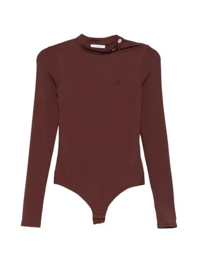 Patrizia Pepe Logo-embroidered High-neck Bodysuit In Brown