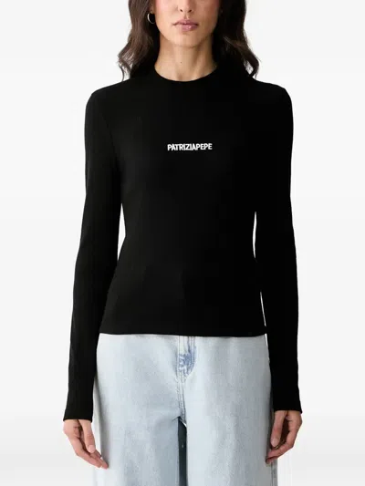 Patrizia Pepe Logo-embroidered Ribbed Long-sleeve T-shirt In Black