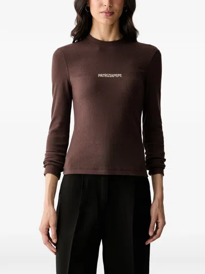 Patrizia Pepe Logo-embroidered Ribbed Long-sleeve T-shirt In Brown