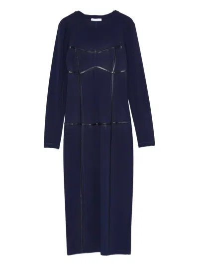 Patrizia Pepe Long-sleeved Leather-trimmed Sheath Dress In Blue