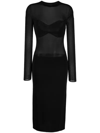 Patrizia Pepe Long-sleeved Sheer Midi Dress In Black