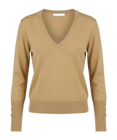 Patrizia Pepe Long-sleeved V-neck Jumper In Brown