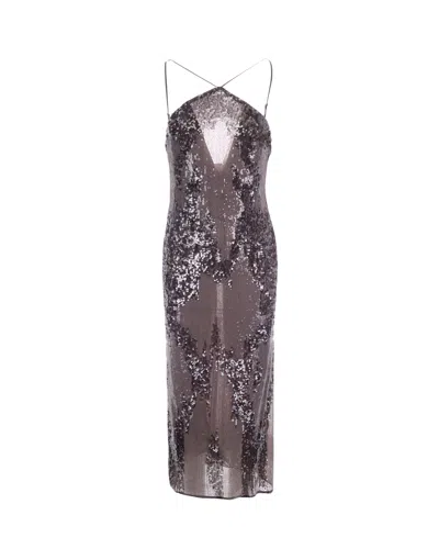 Patrizia Pepe Fitted Midi Dress With Gray Sequin Embroidery In Brown