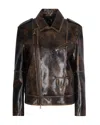 Patrizia Pepe Brown Oversized Coated Fabric Biker Jacket In Black