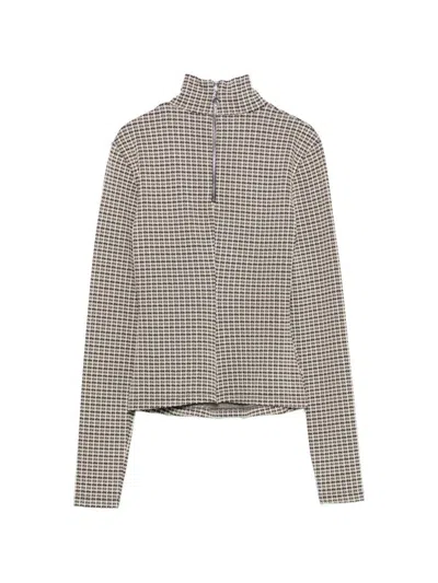 Patrizia Pepe Micro Plaid Top With High Neck In Gray