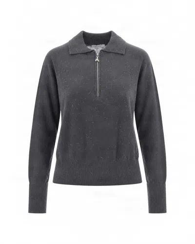 Patrizia Pepe Sequin-embellished Quarter-zip Sweater Polo Top In Gray