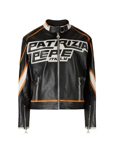 Patrizia Pepe Racing Logo-print Leather Biker Jacket In Black