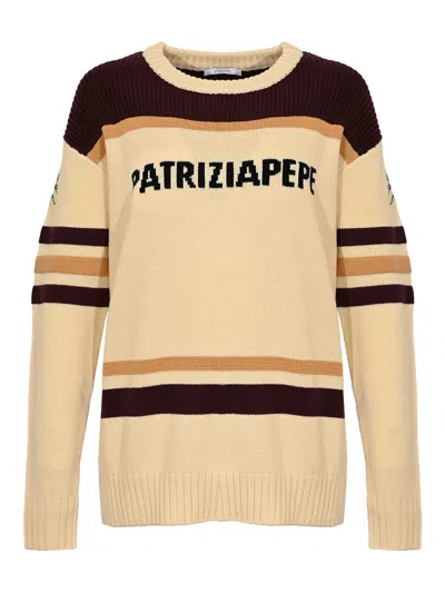 Patrizia Pepe Racing Sweater In Wool Blend With Logo In White