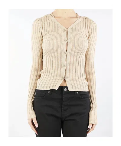 Patrizia Pepe Ribbed Cardigan In Gold