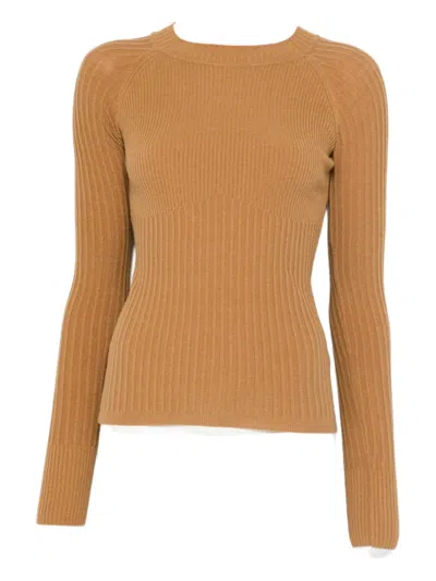 Patrizia Pepe Ribbed Fitted Sweater In Brown