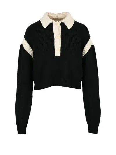Patrizia Pepe Ribbed Knit Polo Shirt With Classic Collar And Contrasting Accents In Black