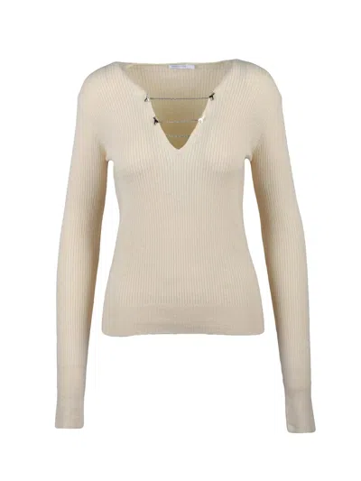 Patrizia Pepe Ribbed Knit Under-jacket Sweater With Chain Accents In Neutral