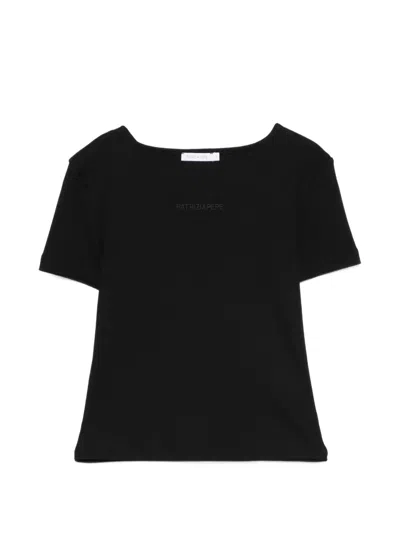 Patrizia Pepe Ribbed Logo-embroidered T-shirt In Black